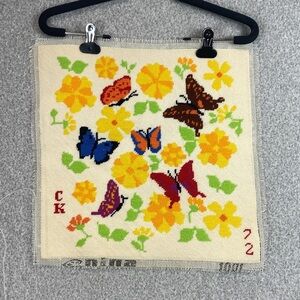 Vtg completed needlepoint piece featuring butterflies 1972 frame or upcycle
